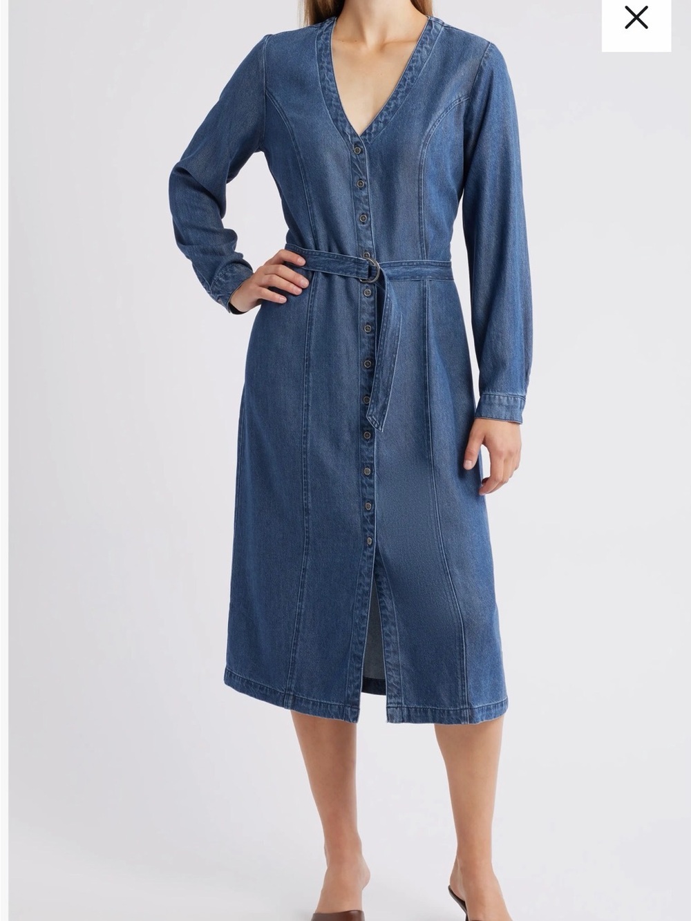 cloth & stone Blue Denim Button-Front Midi Dress with Tie Belt